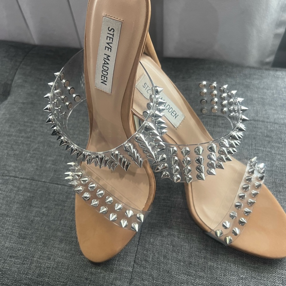 Steve Madden Clear and Silver Spiked Heels